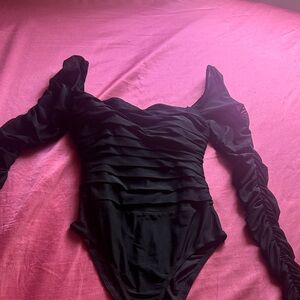 Princess Polly Black Long Sleeve Ruched Bodysuit with mesh sleeves